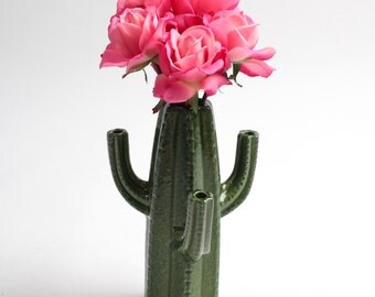 SALE - Cactus Vase Large Forest Green Cactus Bud Vase - White Faux Taxidermy - Table Top Decor - Cactus Decor - Cactus Gift - Cactus Planter