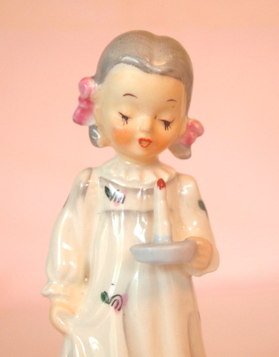 Vintage Little Girl Ceramic Figurine with Black Cat Mid