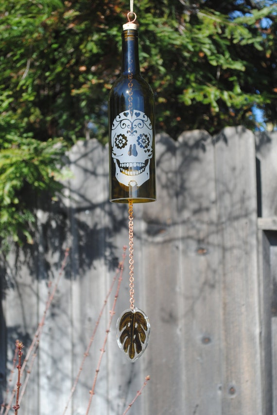 Heart Sugar Skull Wine Bottle Wind Chime Windcatcher Upcycled Heart Sugar Skull Wine Bottle Wind Chime Windcatcher Upcycled Recycled Repurposed Glass Bottles Personalized Garden Art Wedding
