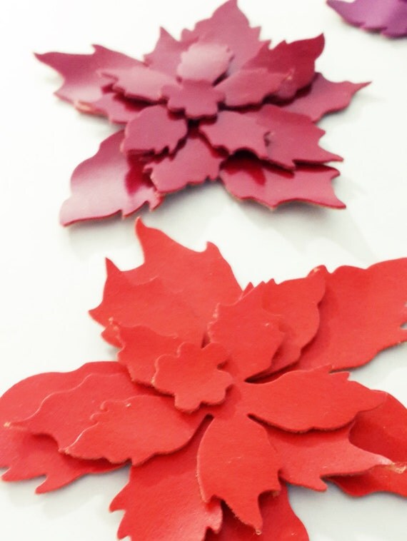 Faux Leather Die Cut Tattered Poinsettia Flower Shapes Mixed Bright 