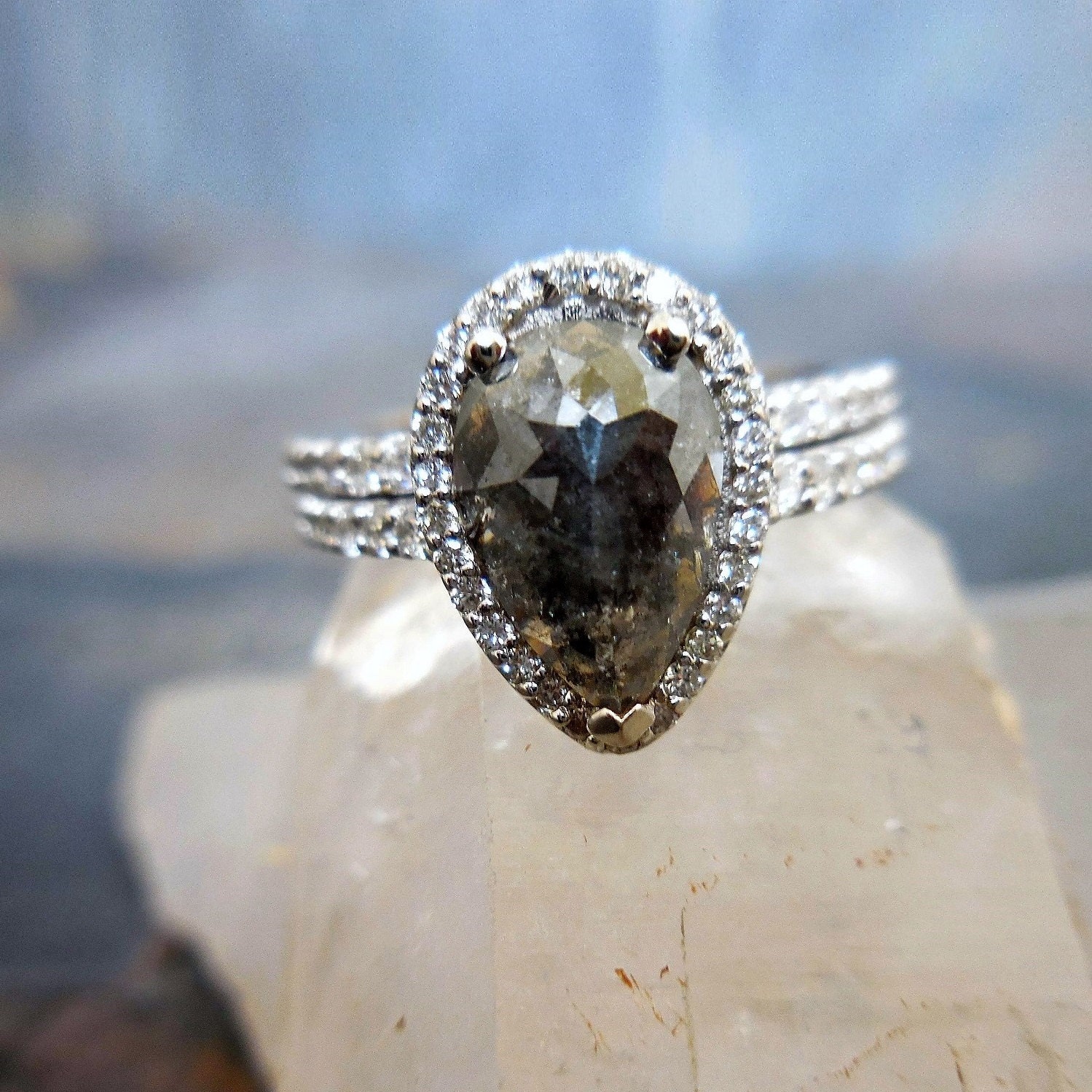 Grey Diamond Engagement Ring MADE TO ORDER Pear Shaped