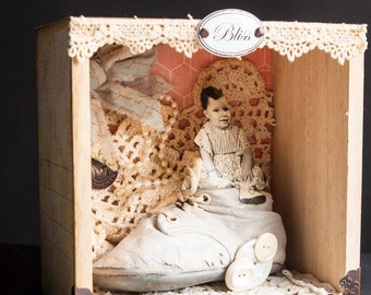 Art Assemblage, Shadow box, Mixed Media Collage, Antique Baby Photo, Antique Padlock & Key, Shabby Chic