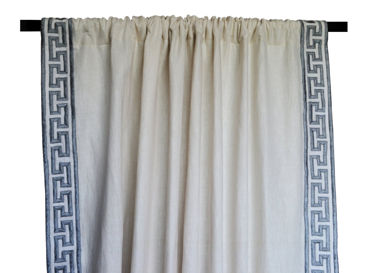 Linen Curtain Drape In Greek Key Gray Embroidery Ivory Greece