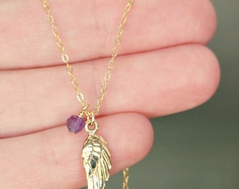 Tiny Wing & Birthstone Necklace // Personalized Gold Angel Wing Necklace / Custom Made Gift for Her • Personal Charms 14k Gold Filled Chain