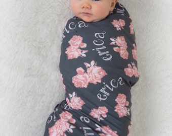 Personalized Swaddle Blanket - Vintage Floral Design – Baby Name Blanket / Hat / Headband / Customized Blanket Set