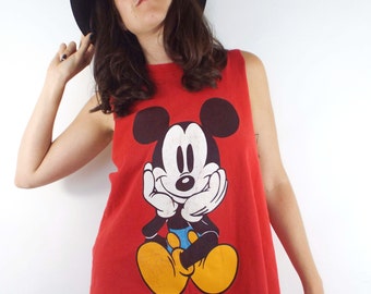 Vintage 90s Red Mickey Mouse Cropped Muscle Tee