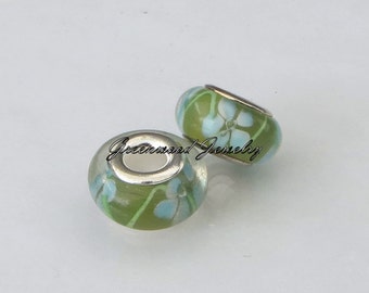Beautiful European Style Bead Charm for European Bracelet, Handpainted Murano Glass, Silver Cores, Lime-Green-Grass-Blue Flowers