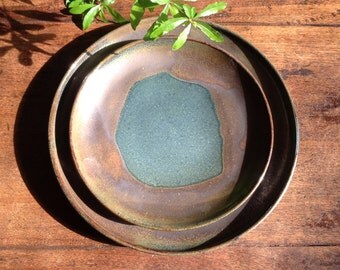 Handmade dinner plate, blue with brown dinnerware, pottery plates wheel thrown dishwasher safe