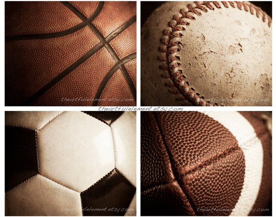 Sports decor, Teen boys room wall art, Man cave decor, Sports gifts, Vintage style,Set of 4 prints // Basketball, Football, Baseball, Soccer
