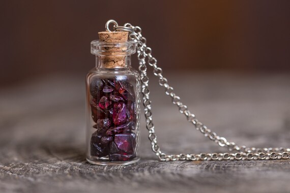 FREE SHIPPING - Red Garnet Vial Necklace - Red Garnet Gemstone Pieces - Gemstone Jewelry - Jewellery