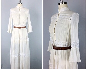 70s White Lace Maxi Dress - 1970s Sheer Gauze Bohemian Dress With Bell ...