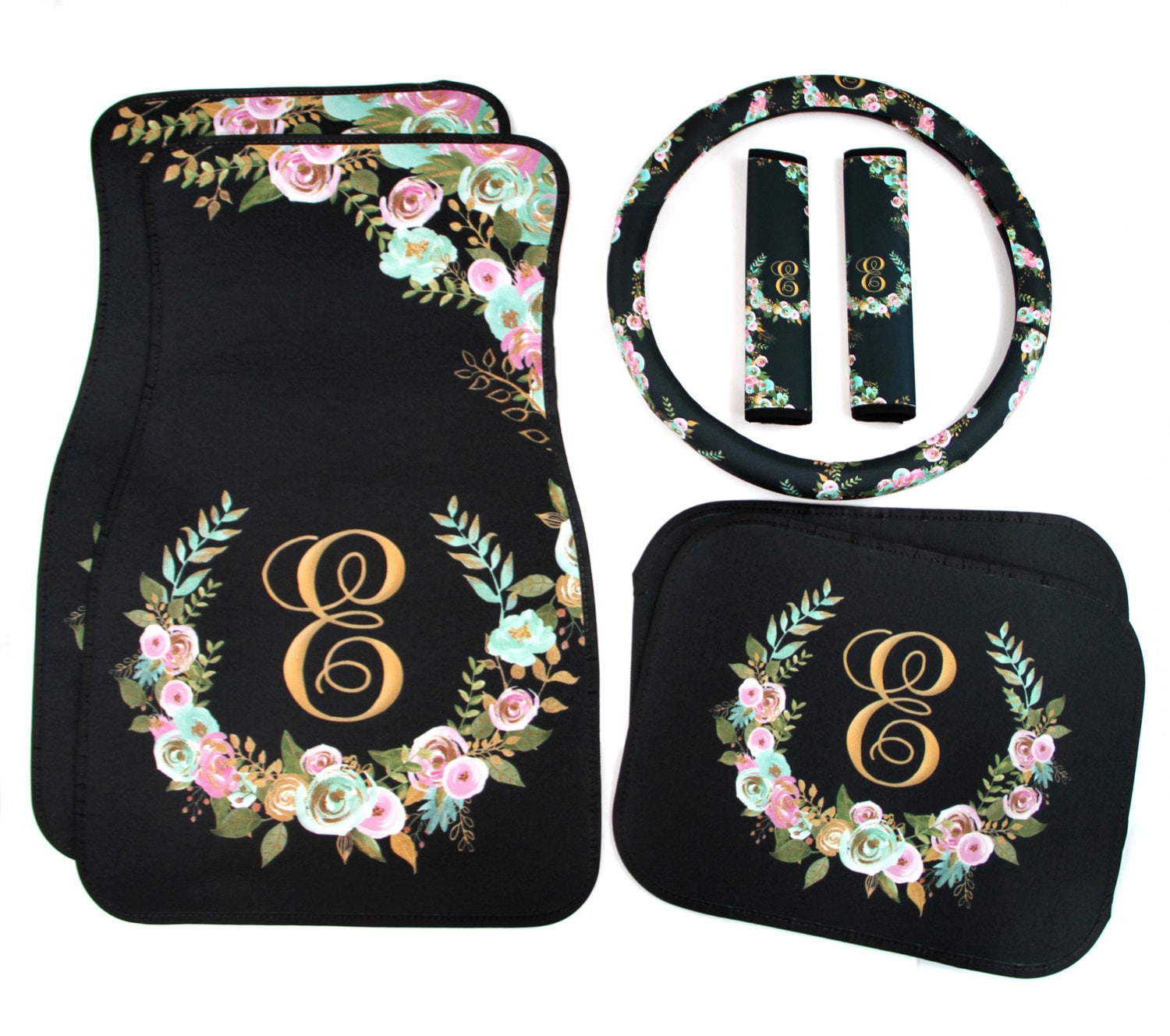 Monogrammed Floor Mats >> Mint and Gold Floral Monogrammed Car Mats Classy Black ... Monogrammed Floor Mats >> Mint and Gold Floral Monogrammed Car Mats Classy Black ...