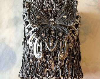 OOAK Dark Butterfly Wire Cuff Bracelet-New and Vintage Butterfly Wire-Silver Renn Faire Festival
