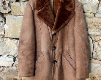Brown sheep fur coat genuine leather coat vintage man's sheep fur coat man shearling coat sheep coat mans genuine leather winter coat
