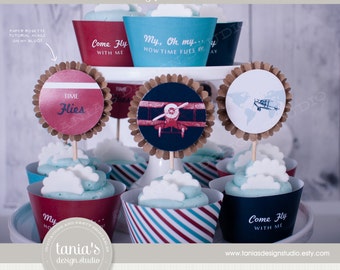 Time Flies - Birthday Cupcake Toppers and Cupcake Wrappers - First Birthday - Instant Download - Tania's Design Studio