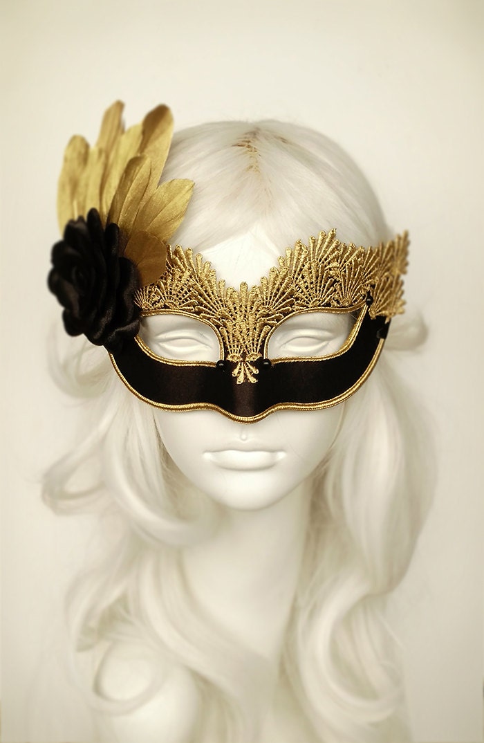 Black & Gold Lace Masquerade Mask Venetian Style Halloween