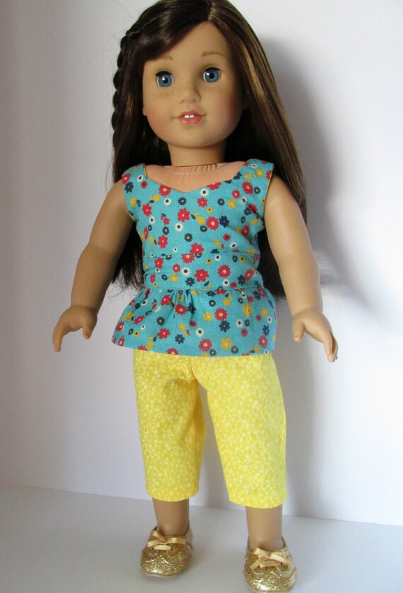 18 Inch Doll Outfit Teal Floral Peplum Top Yellow Capri