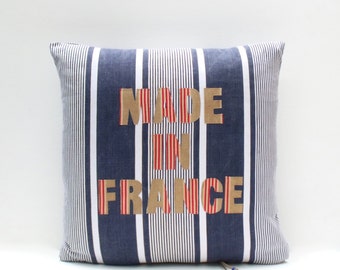 French Farmhouse Vintage Mattress Ticking Nautical Blue White Red Made in France Square Pillow Cushion