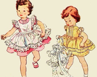 1950s Toddlers Dress & Pinafore Sewing Pattern / Simplicity 4580 Sewing Patterns for Girls Size 1 / 50s Childs Dress Vintage Sewing Patterns