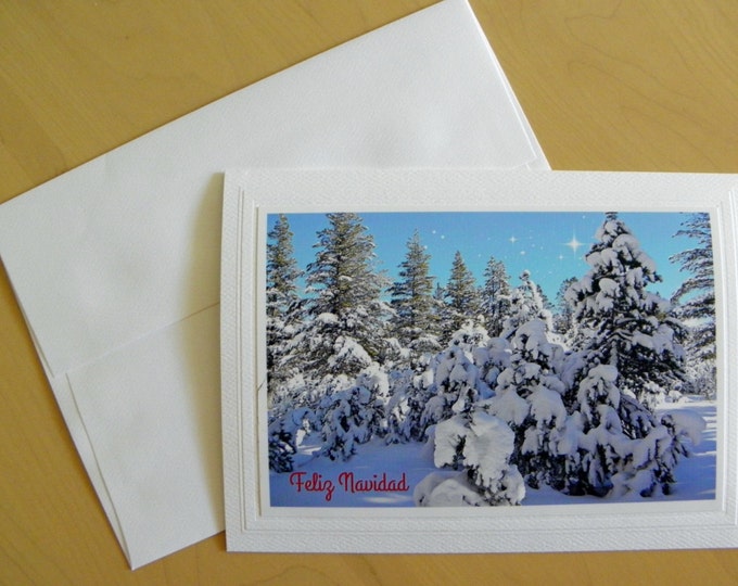 FELIZ NAVIDAD Holiday Card featuring Snow Laden Trees created by the photography of Pam Ponsart