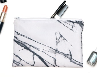 White Marble Makeup bag case Timeless Zipper Pouch Gadget bag Travel Purse Pouch Clutch Choose lining & zipper 8" x 5 1/2" Organizer zip bag