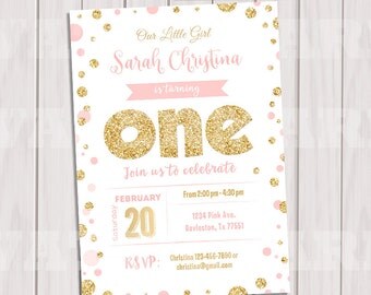 Pink and Gold Birthday Invitation, Gold Glitter polka dot Invitation, 1st Birthday Invitation, Girl Birthday, Kids invite, Printable invite