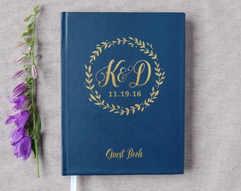 Wedding Guest Book - Hardcover - Wedding Guestbook, Custom Guest Book, Personalized Guest Book - Navy - Gold Wreath - Calligraphy