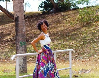 Made to Order, African Print Skirt, Cotton Skirt, Midi Skirt, Womens Skirt - Lady Chang 'Vlisco' neo-Midi Skirt: Blue or Red Electric