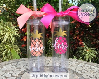 Personalized Pineapple Tumbler, Skinny Tumbler, Monogram Pineapple Cup, Personalized Gift, Gift for Her, Gift for Women, Gifts under 15