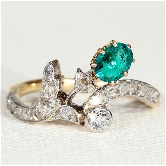 Antique Art Nouveau Emerald and Diamond Ring with Floral Spray