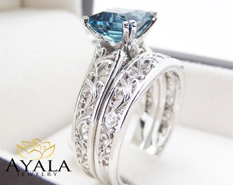 london blue topaz engagement ring set princess cut topaz bridal set unique 14k white gold rings - Topaz Wedding Ring london blue topaz engagement ring set princess cut topaz bridal set unique 14k white gold rings - Topaz Wedding Ring