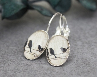 Bird Earrings, Beige Earrings, Beige Drop Earrings, Bird on Branch Earrings, Beige Dangle Earrings, Tan Drop Earrings, Tan Dangle Earrings