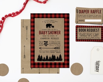 Lumberjack Baby Shower Invitation - Camping Baby Shower Invitation - Buffalo Plaid Baby Shower Invitation - Plaid Bear Baby Shower Invite