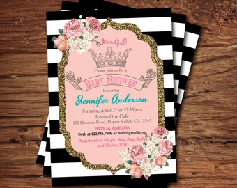 Baby girl shower invitation. Pink and gold glitter princess crown, French black and white stripe baby shower digital invite B071