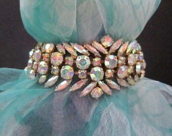 Vintage SHERMAN BRACELET - Signed Mid Century Designer Costume Jewelry - Aurora Borealis Swarovski Crystals - Navette / Marquis / Brilliant