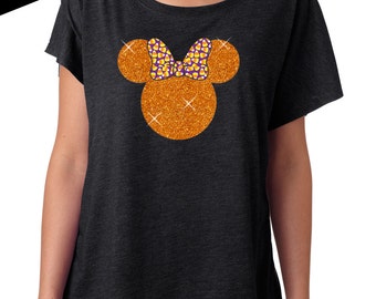 GLITTER Disney Halloween Shirt Minnie Tri Blend Dolman Tee 67-00-60 (orange glitter / candy corn bow)
