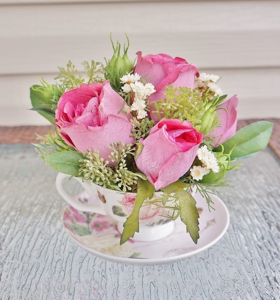 Flower Arrangement Tea Cup Arrangement with White and Pink