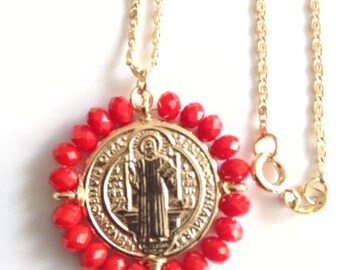 Saint Benedict Rosary Necklace - Red Glass Beads With San Benito Medal & Cross