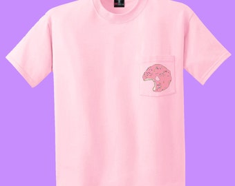 Soft Grunge Pastel Goth Donut Print Pocket T-Shirt in Pink, Adult Unisex Sizes S-XL