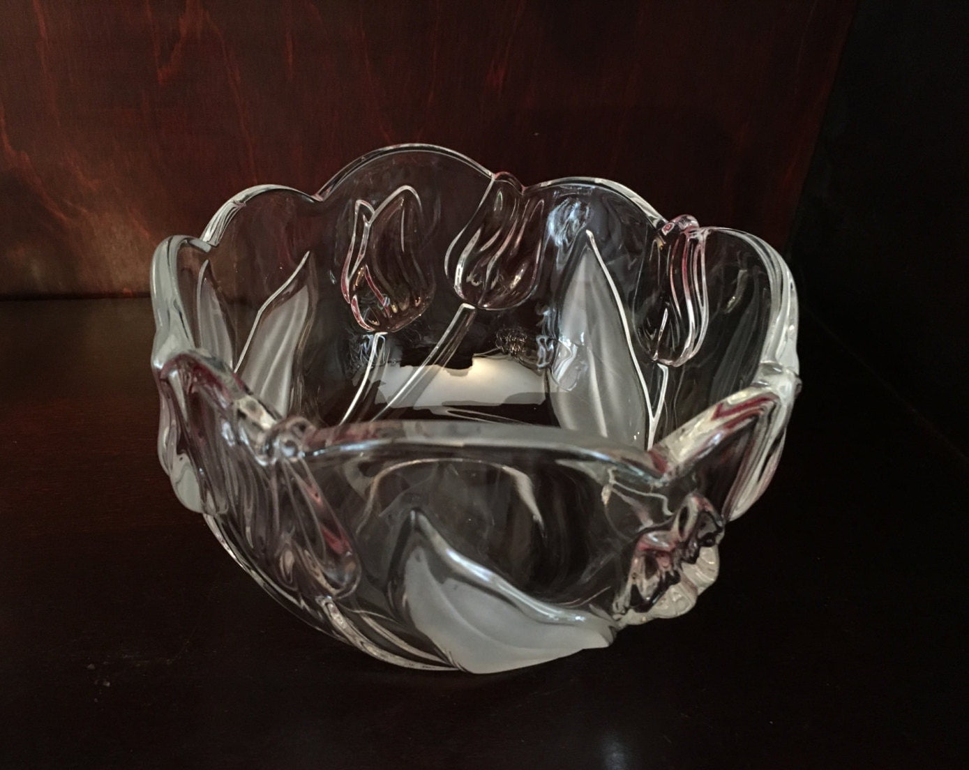Mikasa Tivoli Pink Tulip Crystal Bowls Frosted Leaves and