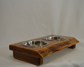 Dog bowl stand, "Pint" crafted from live edge fir/cedar beautiful wood decor, perfect for any small dog, "flame burnished" Mother's Day!!