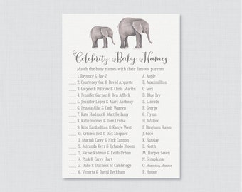 Elephant Baby Shower Celebrity Baby Name Game - Celebrity Baby Name Match - Printable Download - Gray Elephant Baby Shower Game - 0052