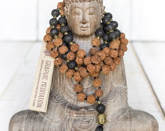 Black lava beads, Long yoga mala, Rudraksha mala, Black lava mala necklace, 108 bead malas, Lava rock necklace, Buddhist lava stone mala
