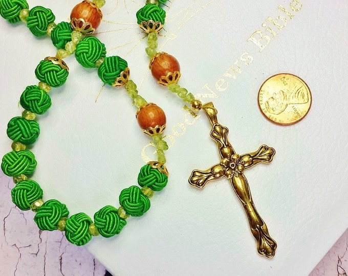 Small Catholic Rosary ~ Genuine Arizona Peridot & Green Silk Chinese Knots ~ Devotional Birthday Gift for Irish Catholic, 10th Anniversary