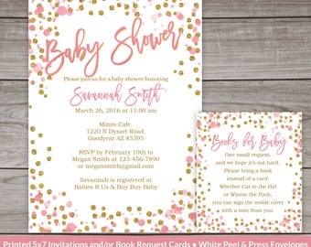 Pink and Gold Baby Shower Invitation - Printed Invitations - Pink and Gold Glitter Baby Shower Invites Baby Girl 244