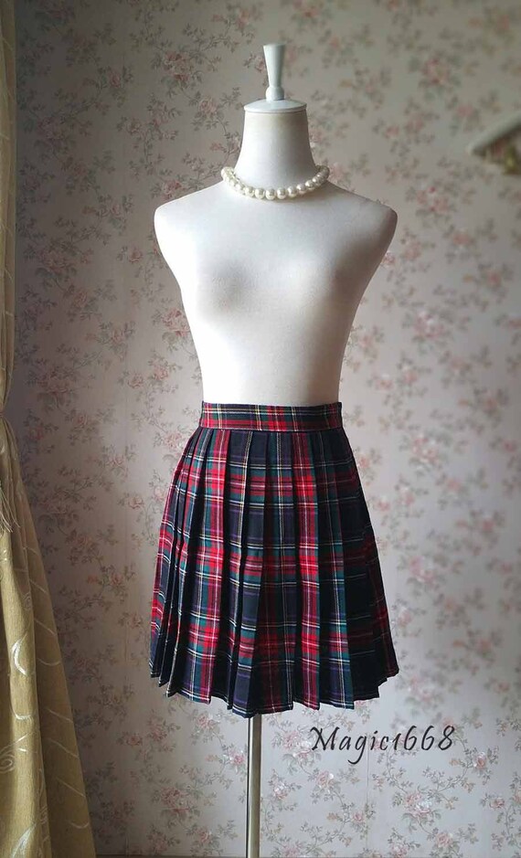 New Mini Red Plaid Skirt. Short Pleated Plaid Skirt. Women