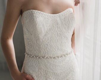 Thin Bridal Belt | Pearl and Crystal Bridal Sash | Rhinestone Wedding Sash Belt | Silver Phoebe Sash