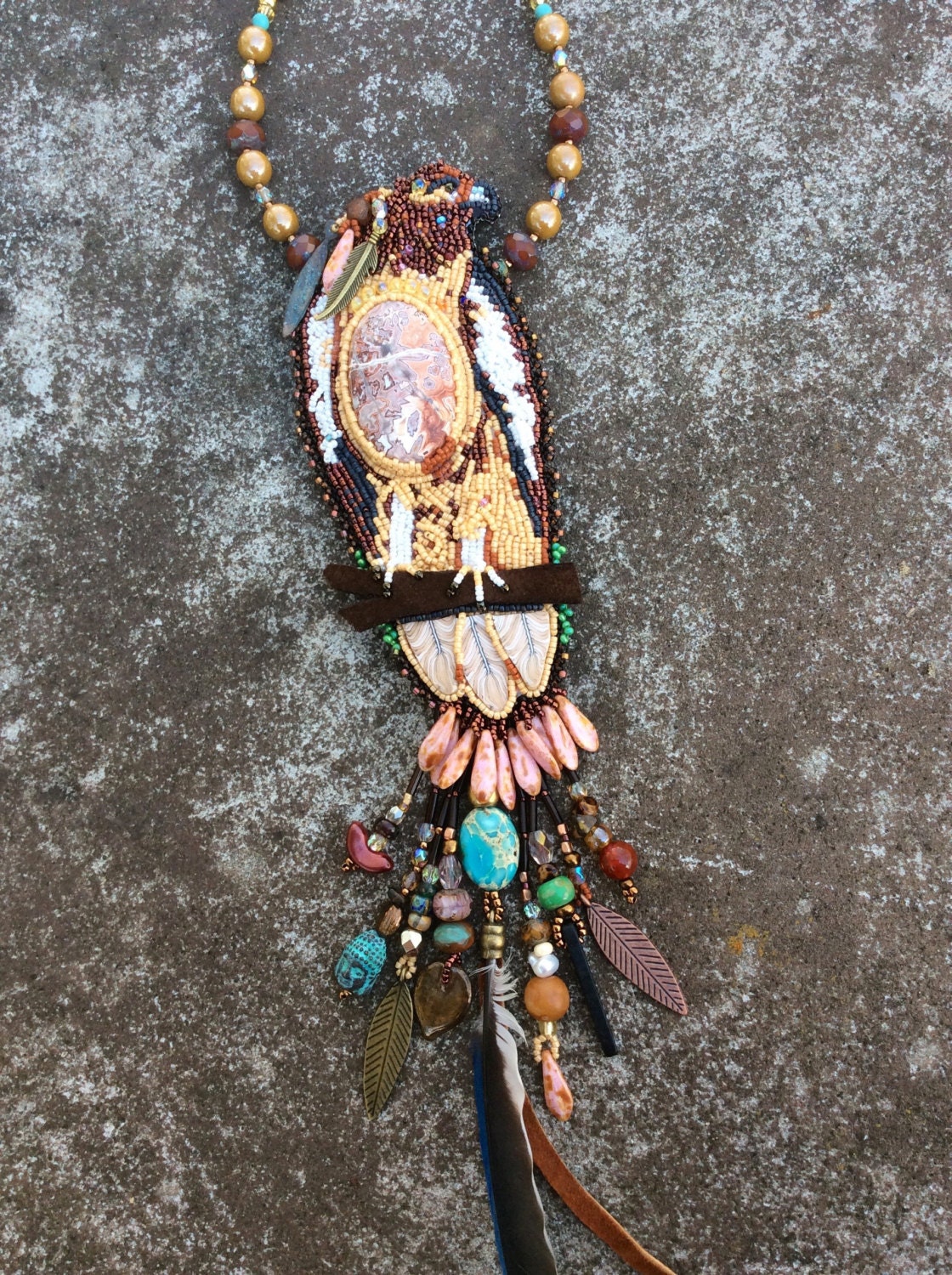 Beaded Hawk Statement Necklace Spirit Guide Hawk Native