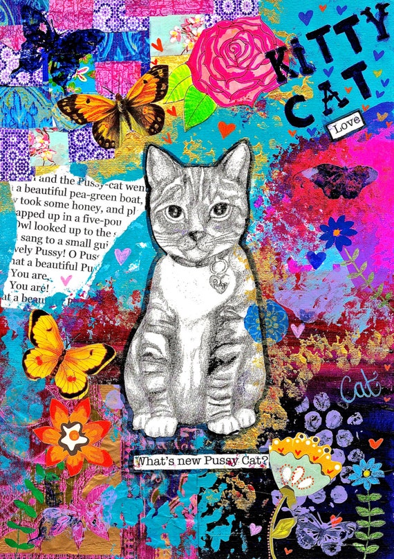 ORIGINAL Mixed Media Cat Art