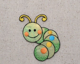 Childrens - Large - Shimmery Green Caterpillar - Iron on Applique - Embroidered Patch - 155603A